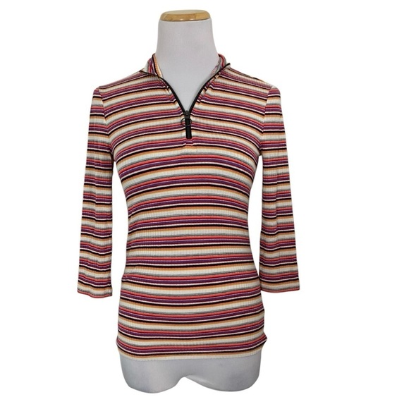 Express One Eleven Striped Ribbed Zip Neck Top 3/4 Sleeves Retro Size XS - Picture 3 of 16